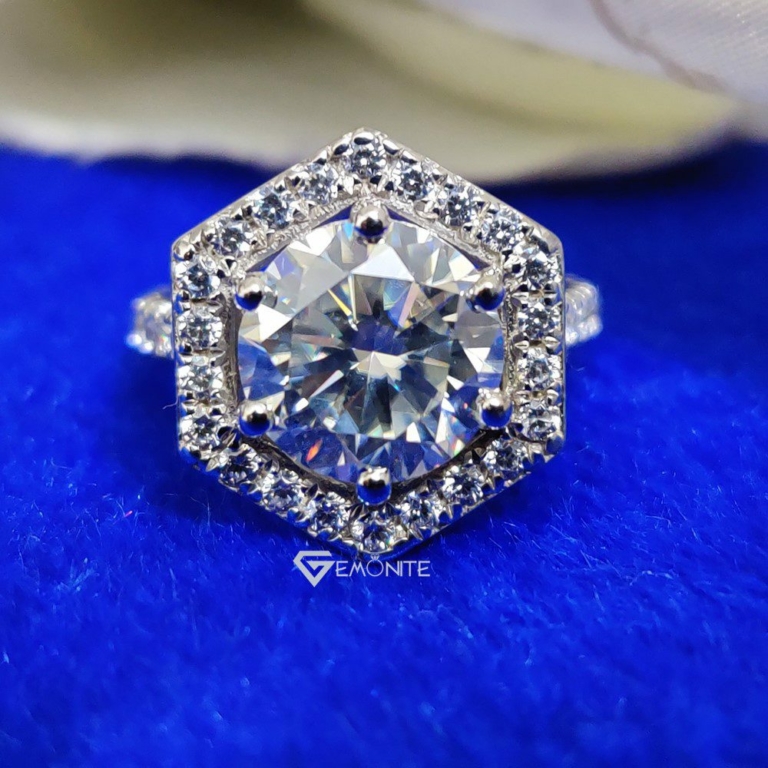 3.0 Ct Round Cut Hexagon Shape Halo Moissanite Engagement Ring, Bridal Handmade Unique Vintage Ring with Accent Stone