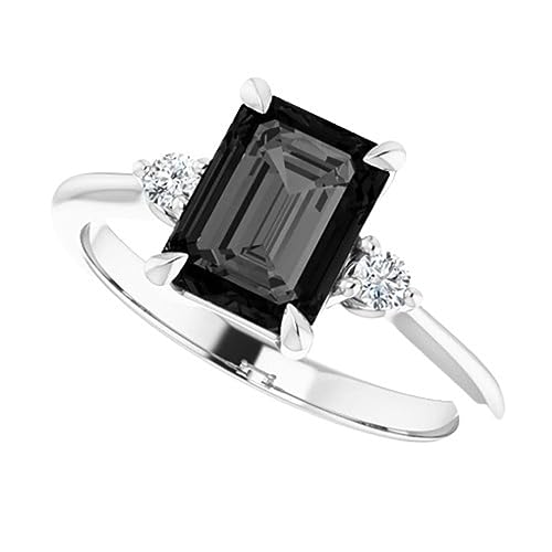 2.50 CT Three Stone Emerald Cut Black Diamond Engagement Ring 14k White Gold, Minimalist Emerald Shape Black Onyx Ring, Dainty Black Ring, Perfect Ring For Her
