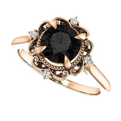 1.00 CT Vintage Black Diamond Engagement Ring 14k White Gold, Victorian Black Onyx Ring, Halo Black Diamond Antique Ring, Black Vintage Ring, Lovely Ring For Her