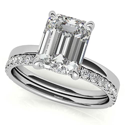 10K Solid White Gold Handmade Engagement Rings 2.0 CT Emerald Cut Moissanite Diamond Solitaire Wedding/Bridal Ring Set for Women/Her Propose Rings