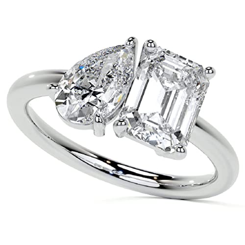 10K Solid White Gold Handmade Engagement Rings 2.0 CT Pear, Emerald Cut Moissanite Diamond Solitaire Wedding/Bridal Ring Set for Women/Her Propose Rings