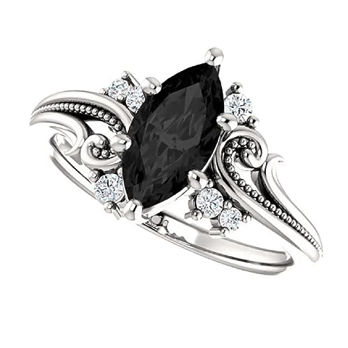 Vintage Floral Black Marquise Engagement Ring 14k White Gold, Filigree Black Onyx Ring, Twig Leaf Marquise Black Diamond Ring, Woodland Ring, Engagement Ring For Her