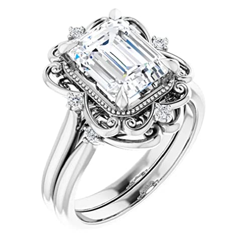 2.5 CT Emerald Cut VVS1 Colorless Moissanite Engagement Ring Set, Wedding/Bridal Ring Set, Sterling Silver Vintage Antique Anniversary Promise Ring Set Gifts