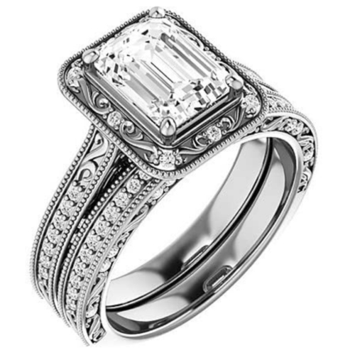 2 Ct Emerald Cut Moissanite Ring Silver/Solid Gold Engagement Rings for Women Pave Promise Gifts for Her Moissanite Halo Milgrain Wedding Set